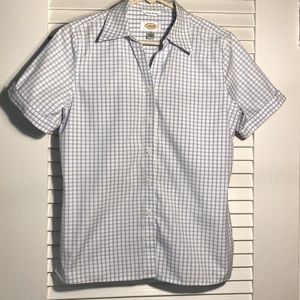 Talbots shortsleeved blue & white check button down, Size 6, 100% cotton.